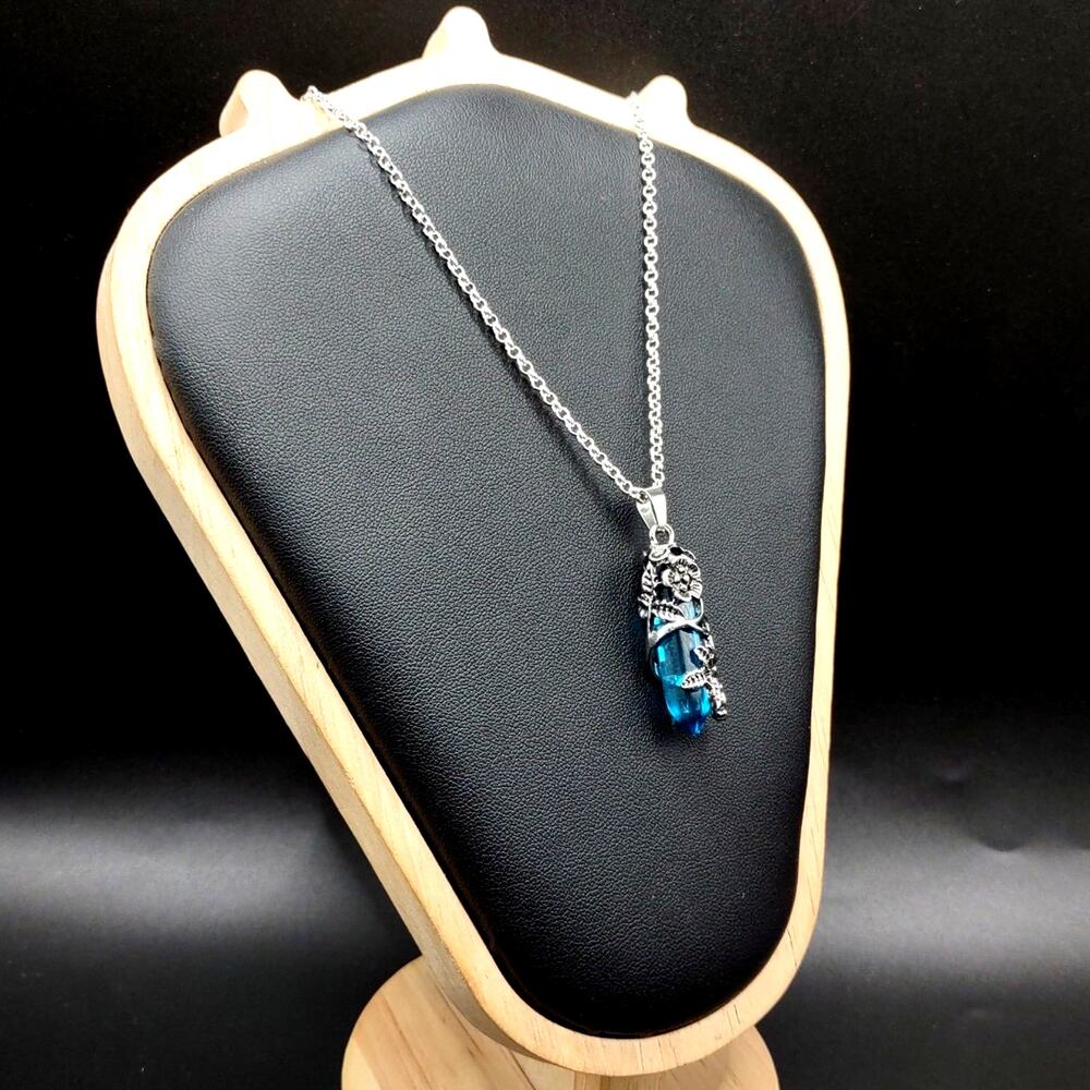 925 Silver Necklace W/ Aquamarine Crystal Boho Floral Vine Women's Vtg. Gift